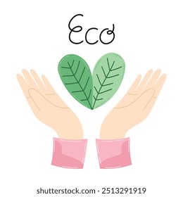 Hands holding heart of green leaves with eco lettering in Ecological concept. Zero waste and recycling modern trendy sustainable lifestyle. For postcards, banners, posters.