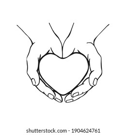 Hands holding heart. Hand drawn vector illustration. On white background for your design.