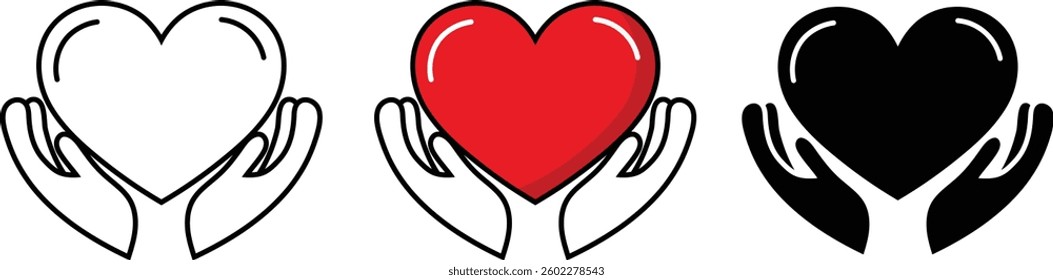 Hands Holding Heart Icon in Black, Red, and White - Love and Care Symbol