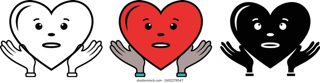 Hands Holding Heart Icon in Black, Red, and White - Love and Care Symbol