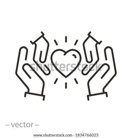 hands holding heart icon, concept charity or donate, health family care or insurance, thin line symbol on white background - editable stroke vector illustration