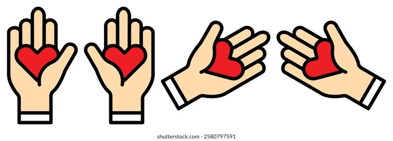 Hands holding heart icon set. Heart in hand icons set. Love icon.
Healthcare, unity, donation and health, medicine symbol. 