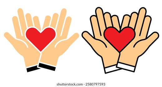 Hands holding heart icon set. Heart in hand icons set. Love icon.
Healthcare, unity, donation and health, medicine symbol. 