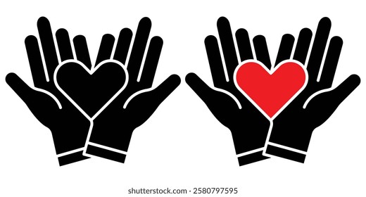 Hands holding heart icon set. Heart in hand icons set. Love icon.
Healthcare, unity, donation and health, medicine symbol. 