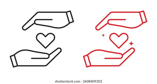 Hands holding heart icon set. save and care life vector symbol. giving love pictogram. give solidarity two hands icon. charity or donation sign. Color editable