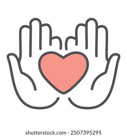 Hands holding heart icon. Simple line icon of two hands cupping a heart. Perfect for representing love, care, and generosity.