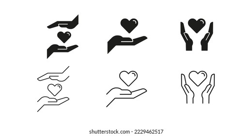 Manos sosteniendo el icono del corazón. Juego de iconos de vector de corazón en manos. Signo de atención médica. Símbolo de la sanidad. Logo del centro de ayuda médica. Atención de salud aislada en un entorno blanco.