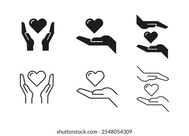 Manos sosteniendo el icono del corazón. Corazón en manos conjunto de iconos de Vector. Signo de atención médica. Símbolo sanitario. Logotipo del centro de ayuda médica. Cuidado de la salud aislado en el fondo blanco.