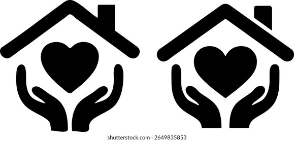 Hands holding a heart inside a house silhouette symbol of care and protection silhouette