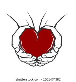 Hands holding heart isolated on white. Vector illustration.