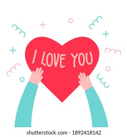Hands holding heart isolated on white background. Valentine day, romantic holiday symbol. Vector illustration.