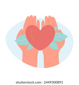 Hands holding heart with leaves. Donation and gifts, charity and love sharing cartoon vector illustration