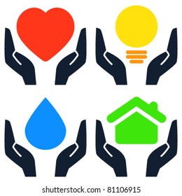 Hands holding heart, light bulb, water drop and house