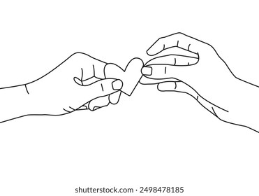 Hands Holding Of Heart Line Art Drawing. Couple Hands One Line Print Minimal Art Drawing. Love Print Trendy Minimalist Illustration. Vector EPS 10