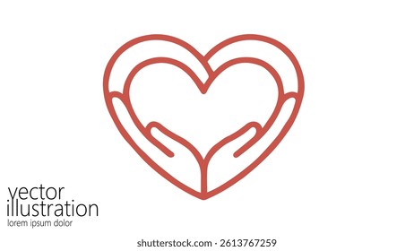 Hands holding heart line art. Heart shape donation love care. Charity healthcare medicine projects. Minimalist design red outline white background