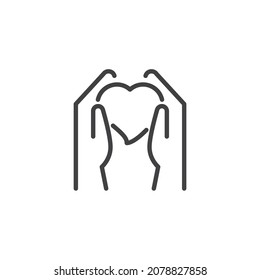 Hands holding heart line icon. linear style sign for mobile concept and web design. Hands giving love heart outline vector icon. Symbol, logo illustration. Vector graphics