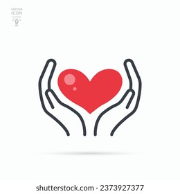 Hands holding heart line symbol. Humanitarian aid, philanthropy and donation concept. Vector illustration