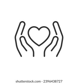 Hands holding the heart, linear icon. Preserving and protecting. Line with editable stroke