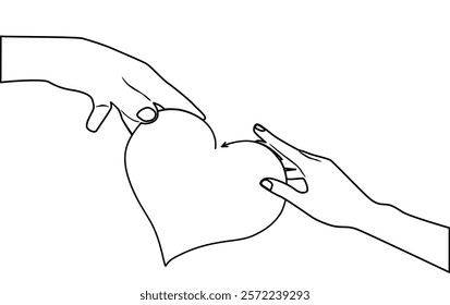 Hands holding a heart. Linear sketch, black color, vector silhouette,  Valentine's day illustration in hand draw, isolated on white background
