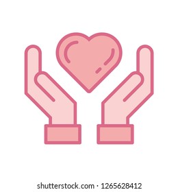 Hands holding heart, linear vector icon, giving love, taking care symbol