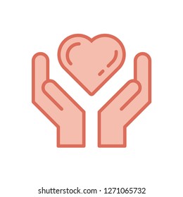 Hands holding heart, linear vector icon, giving love, taking care symbol