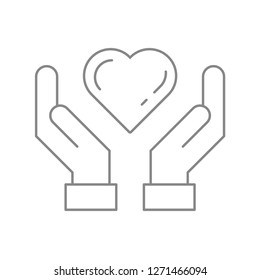 Hands holding heart, linear vector icon, giving love, taking care symbol