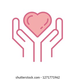 Hands holding heart, linear vector icon, giving love, taking care symbol