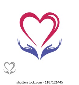 Hands holding the heart. Logo, sign, symbol in blue red colors and flowing lines