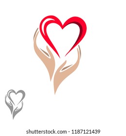 Hands holding the heart. Logo, symbol, symbol in beige red colors and flowing lines