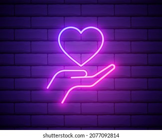 Hands holding heart neon sign. Medicine and health care concept. Advertisement design. Night bright neon sign, colorful billboard, light banner. Vector illustration in neon style.