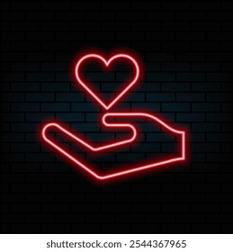 Hands holding heart neon sign. Medicine and health care concept. Advertisement design. Night bright neon sign, colorful billboard, light banner. Vector illustration in neon style. red color..