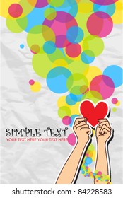 Hands holding the heart on a paper-background. Vector illustration. Place for your text.