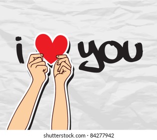 Hands holding the heart on a paper-background. Vector illustration. Place for your text.