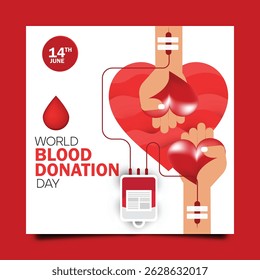 Manos sosteniendo un corazón sobre un fondo rojo. El texto dice "Día Mundial del Donante de Sangre"