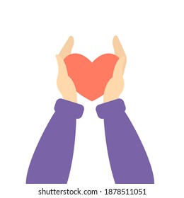 Hands holding a heart on a white isolated background. Vector illustration in flat style.