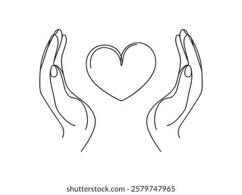 Hands holding heart. One continuous line drawing of support, charity concept. Vector illustration.