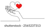 The hands holding a heart are outlined in a continuous one line drawing, One continuous line drawing of hands holding heart. Concept of love relationship and volunteer organisation symbol in simple. 