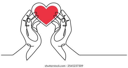 The hands holding a heart are outlined in a continuous one line drawing, One continuous line drawing of hands holding heart. Concept of love relationship and volunteer organisation symbol in simple. 