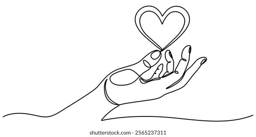 The hands holding a heart are outlined in a continuous one line drawing, One continuous line drawing of hands holding heart. Concept of love relationship and volunteer organisation symbol in simple. 