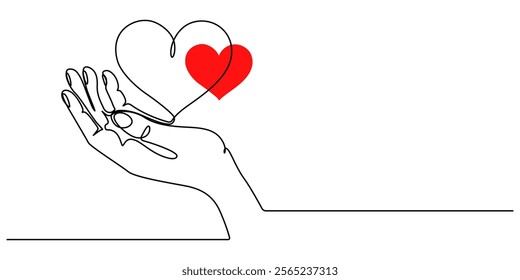 The hands holding a heart are outlined in a continuous one line drawing, One continuous line drawing of hands holding heart. Concept of love relationship and volunteer organisation symbol in simple. 