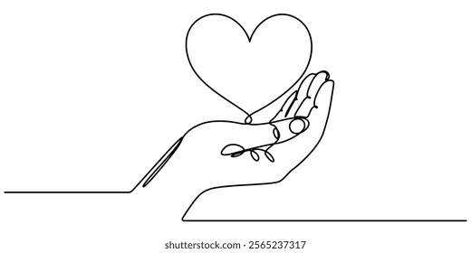 The hands holding a heart are outlined in a continuous one line drawing, One continuous line drawing of hands holding heart. Concept of love relationship and volunteer organisation symbol in simple. 