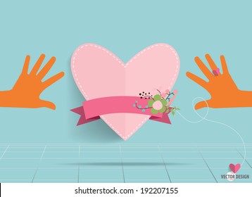 Hands holding heart, Heart paper with floral bouquets and ribbon, vector illustration.