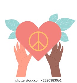 Hands holding heart with peace hippy symbol inside concept vector illustration