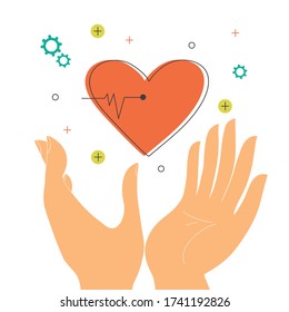 Hands holding heart with heart rate Red heart with beat Heart electrocardiography pulse Medical concept Vector Illustration