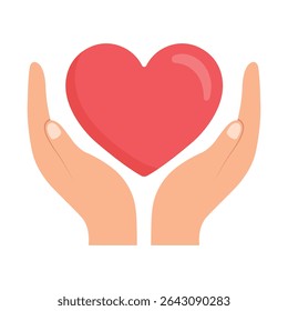Hands holding heart. Save and care life vector flat color icon