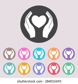 Hands holding heart. Set of colored icons.