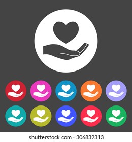 Hands holding heart. Set of colored icons.