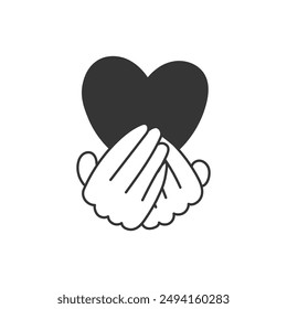 Hands Holding Heart Shape Doodle. Hand drawn Love Care Support Kindness Charity Volunteering Symbol. Finger Gesture. Isolated vector illustration