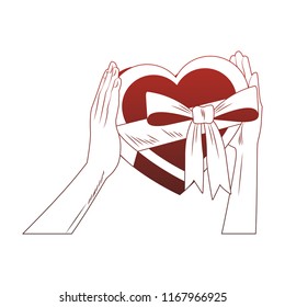Hands holding heart shape giftbox pop art red lines