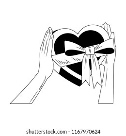 Hands holding heart shape giftbox pop art in black and white